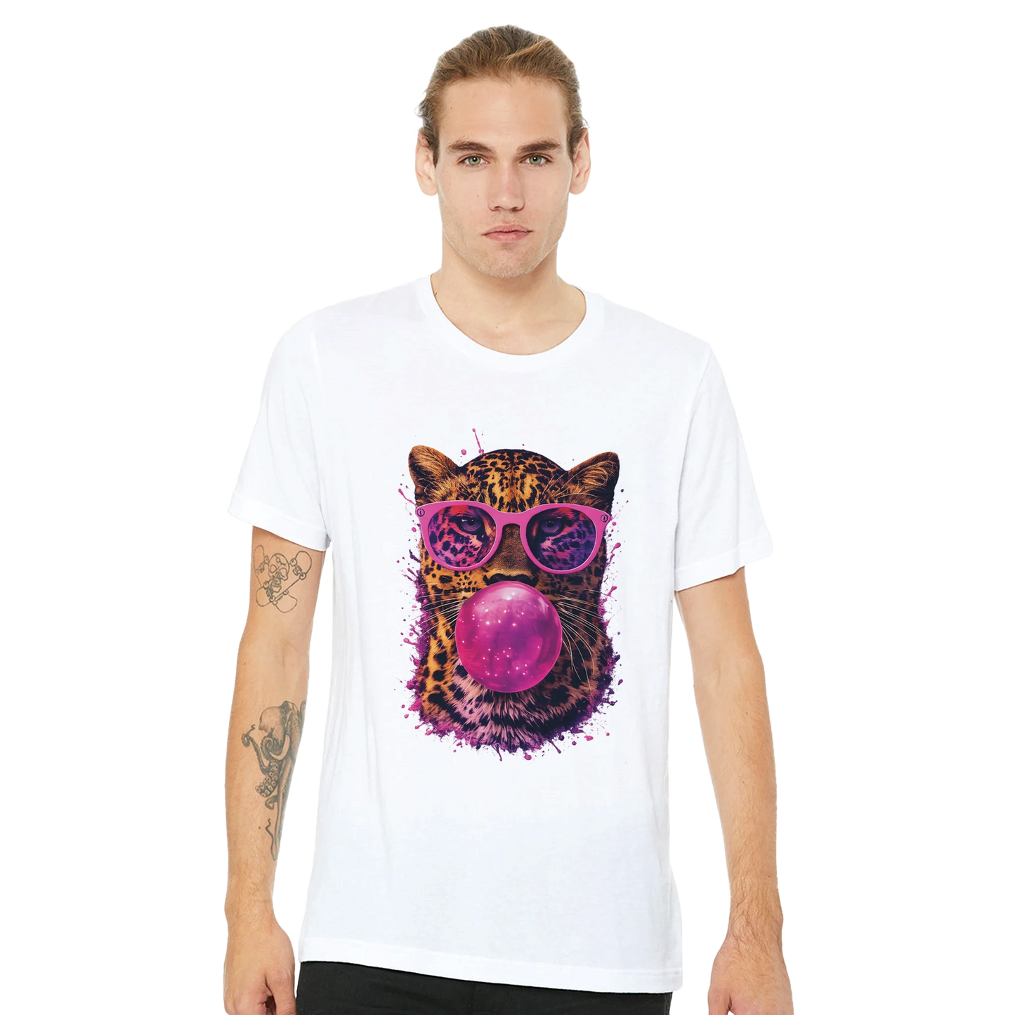 Person wearing a white t-shirt with a colorful graphic of a leopard blowing a bubble gum bubble.