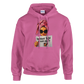 Pink hoodie with a graphic of a woman holding a newspaper and text on a white background