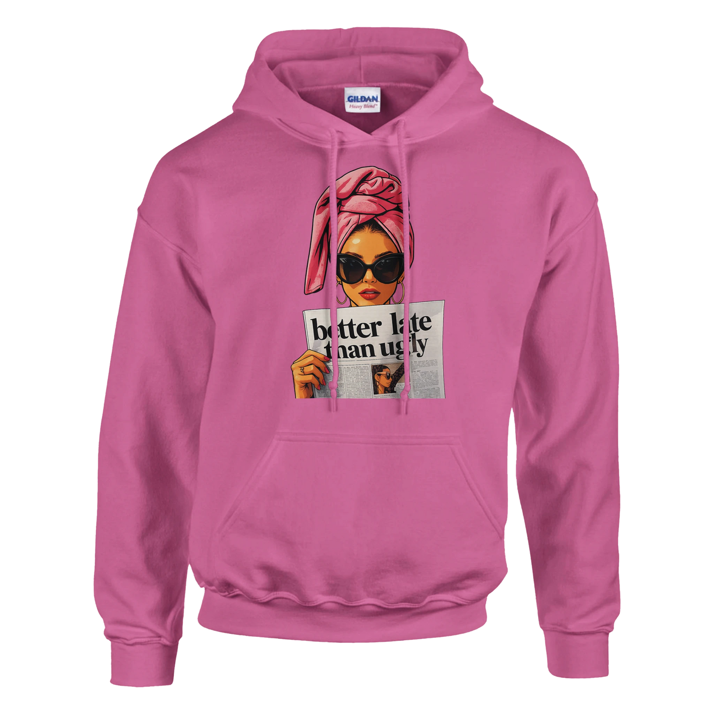 Pink hoodie with a graphic of a woman holding a newspaper and text on a white background