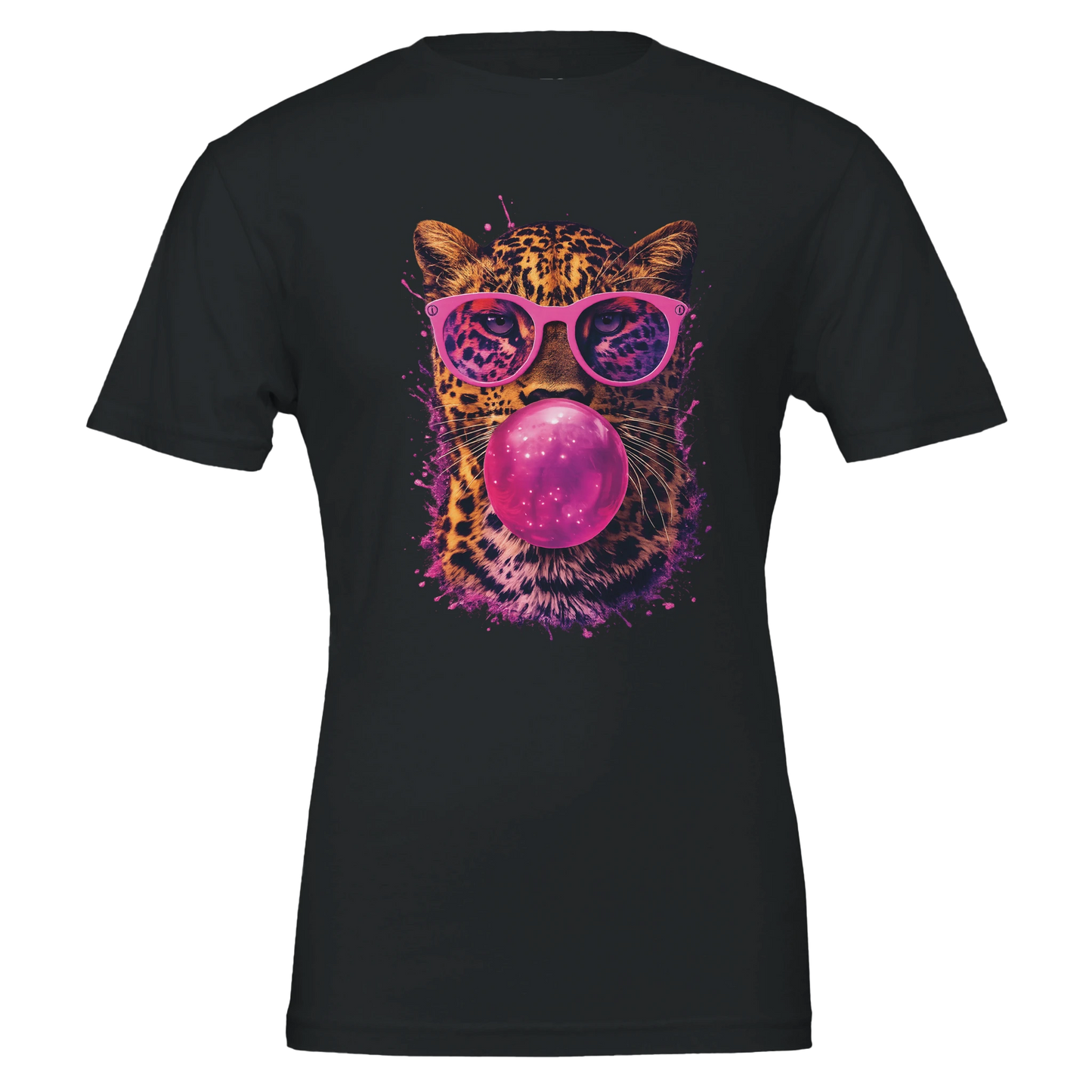 Black t-shirt with a colorful graphic of a leopard wearing sunglasses and blowing a bubble, on a white background.