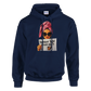 Navy blue hoodie with a graphic of a woman holding a newspaper and text on a white background