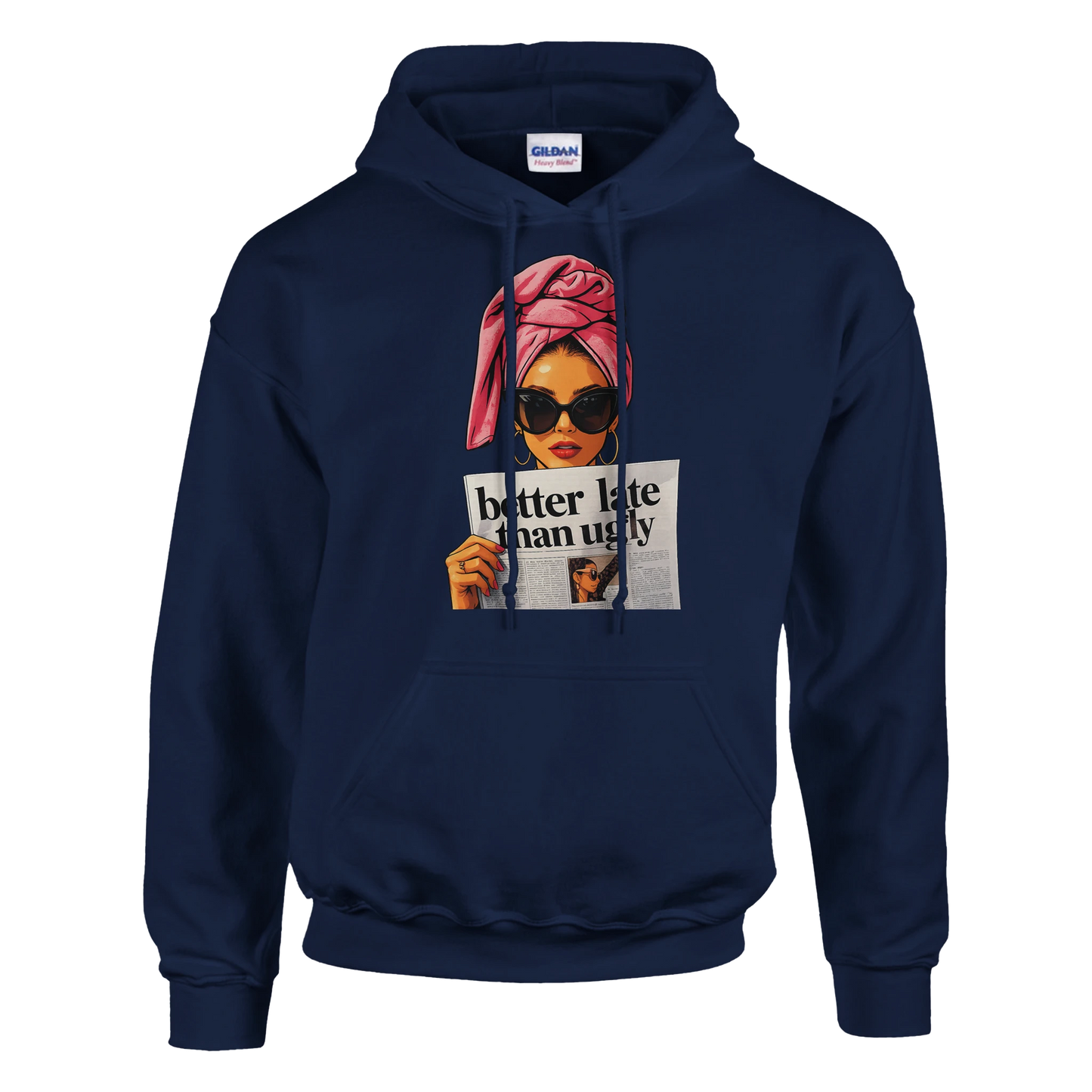Navy blue hoodie with a graphic of a woman holding a newspaper and text on a white background