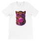 White t-shirt with a leopard wearing sunglasses and blowing a bubble graphic on a white background