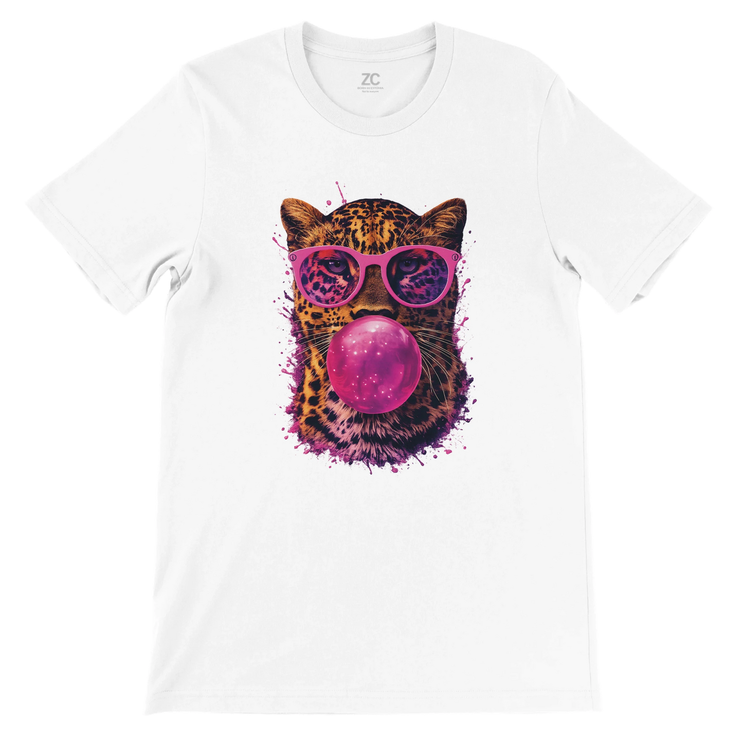 White t-shirt with a leopard wearing sunglasses and blowing a bubble graphic on a white background