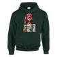 Green hoodie with a graphic of a woman holding a newspaper and text on a white background