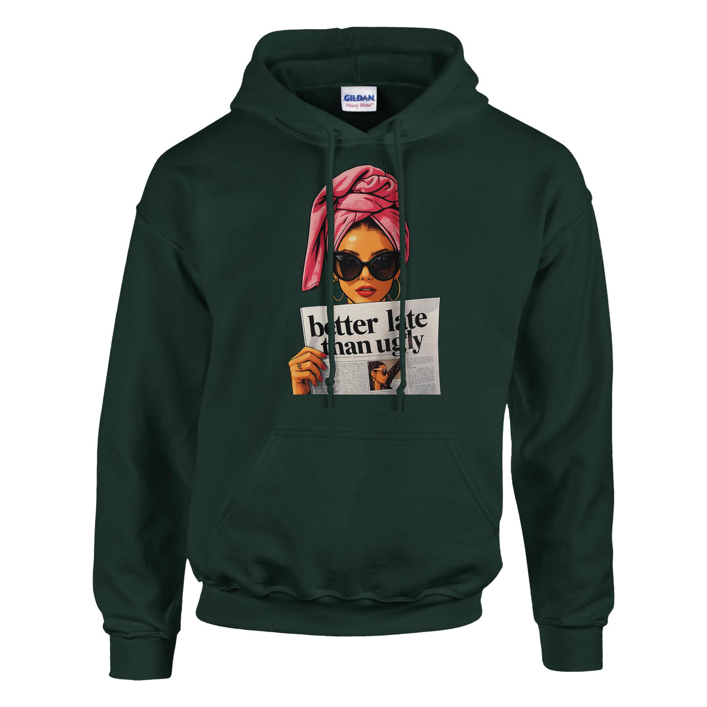 Green hoodie with a graphic of a woman holding a newspaper and text on a white background