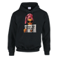 Black hoodie with a graphic of a woman holding a newspaper and text on a white background