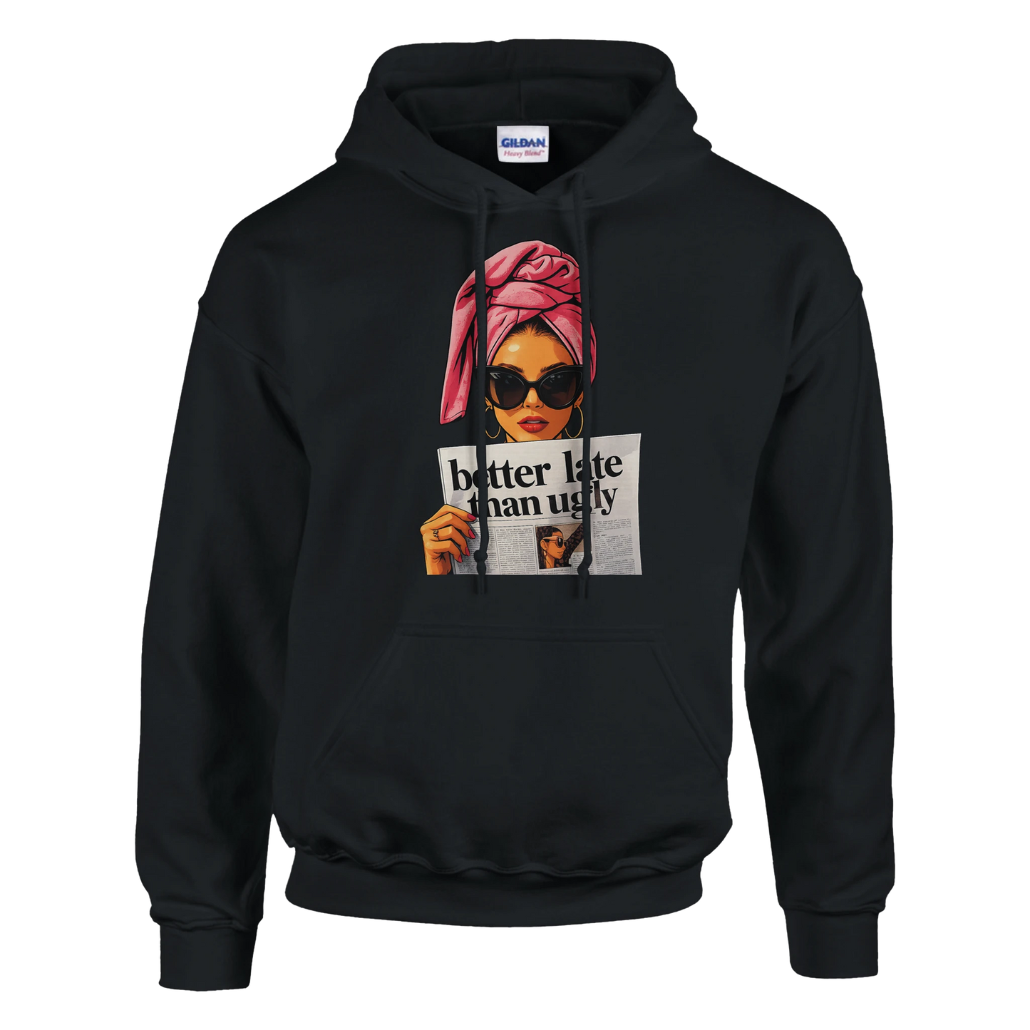 Black hoodie with a graphic of a woman holding a newspaper and text on a white background