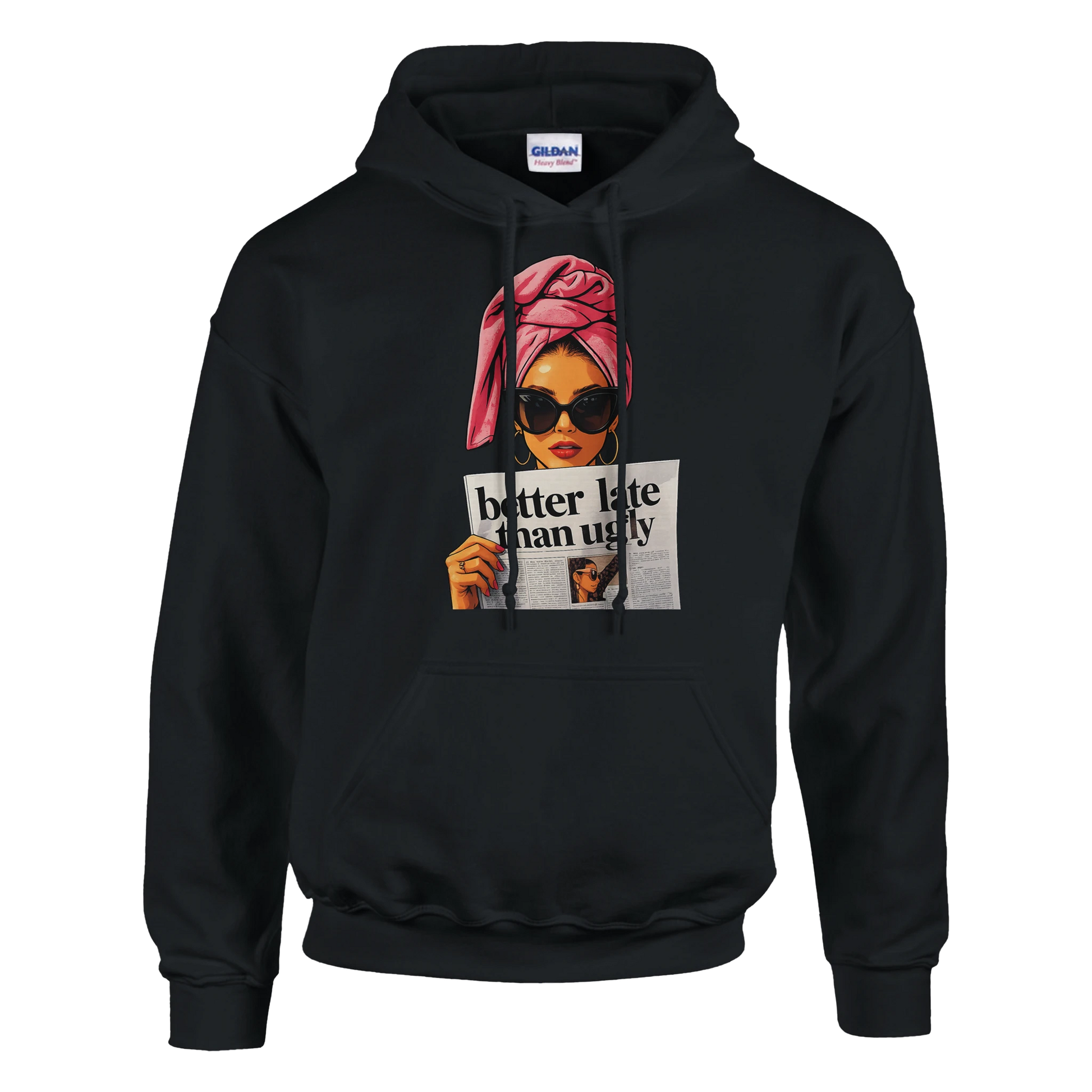 Black hoodie with a graphic of a woman holding a newspaper and text on a white background