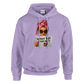 Purple hoodie with a graphic of a woman holding a newspaper and text on a white background