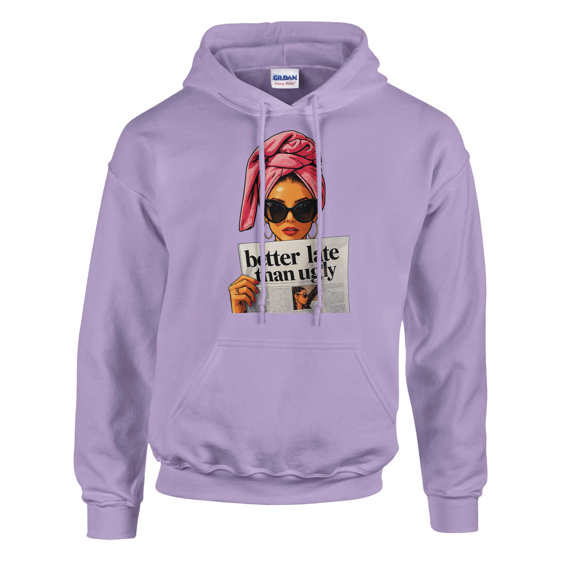 Purple hoodie with a graphic of a woman holding a newspaper and text on a white background