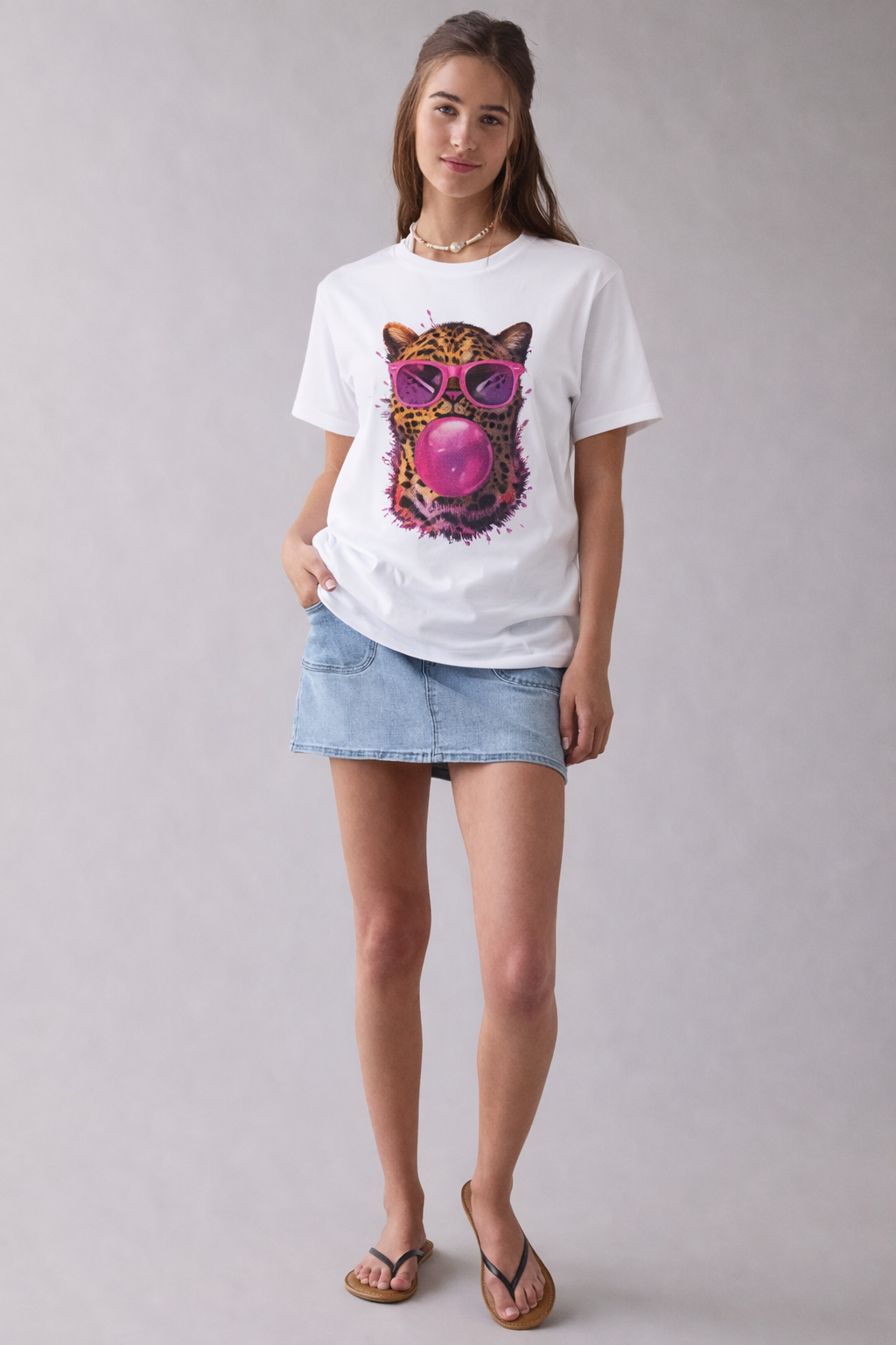 Person wearing a white t-shirt with a colorful graphic design on a plain background