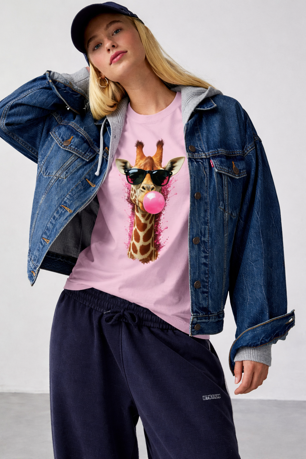 Person wearing a denim jacket and pink t-shirt with a giraffe graphic, standing against a plain background.