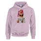 Pink hoodie with graphic of a woman and text 'Better hate than ugly' on a white background