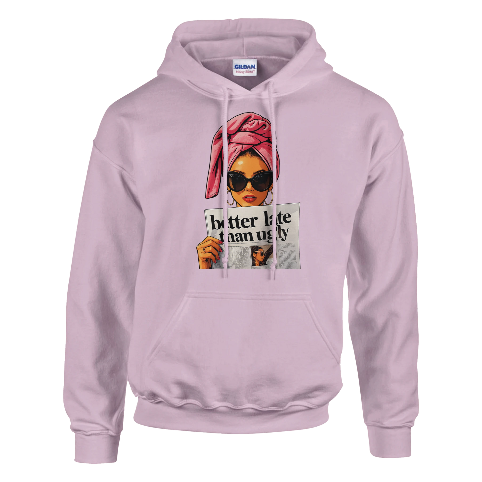 Pink hoodie with graphic of a woman and text 'Better hate than ugly' on a white background