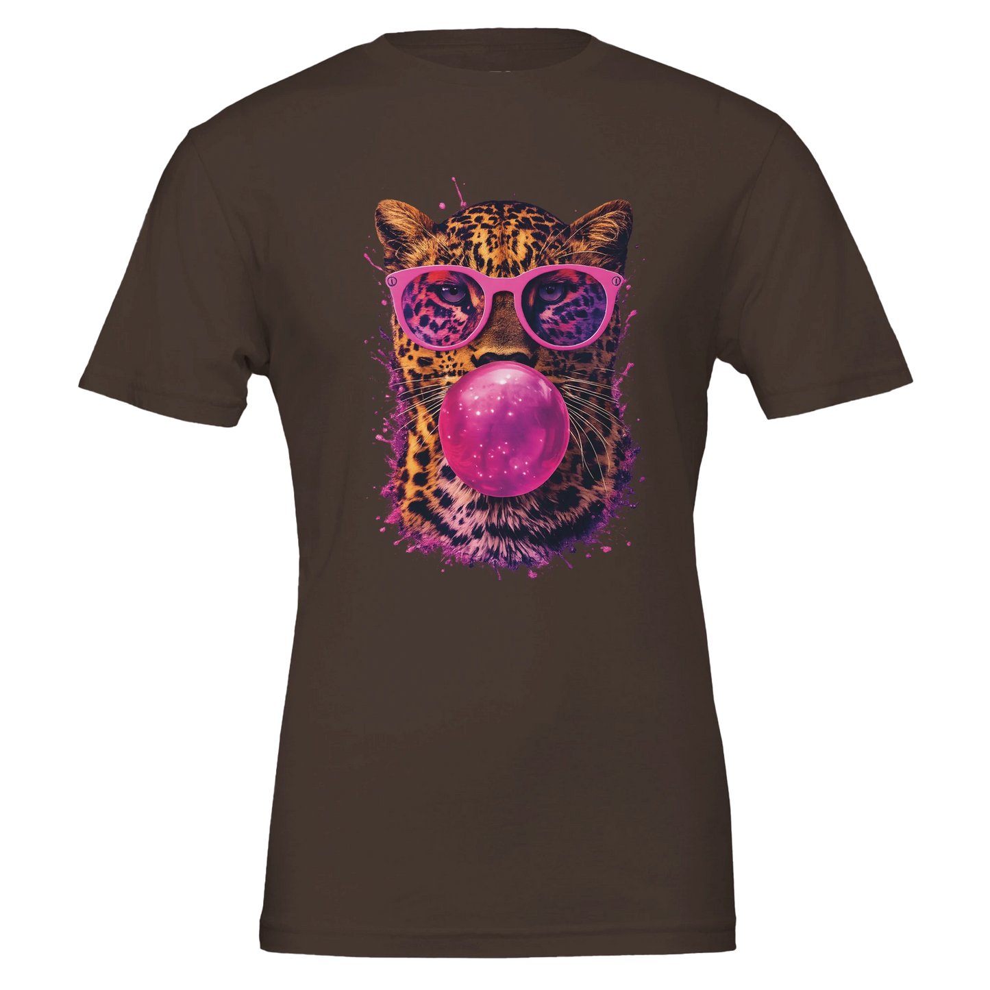 Brown t-shirt with a graphic of a leopard wearing sunglasses and blowing a bubble, on a white background.