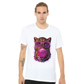 Person wearing a white t-shirt with a colorful graphic of a leopard blowing a bubble gum bubble.