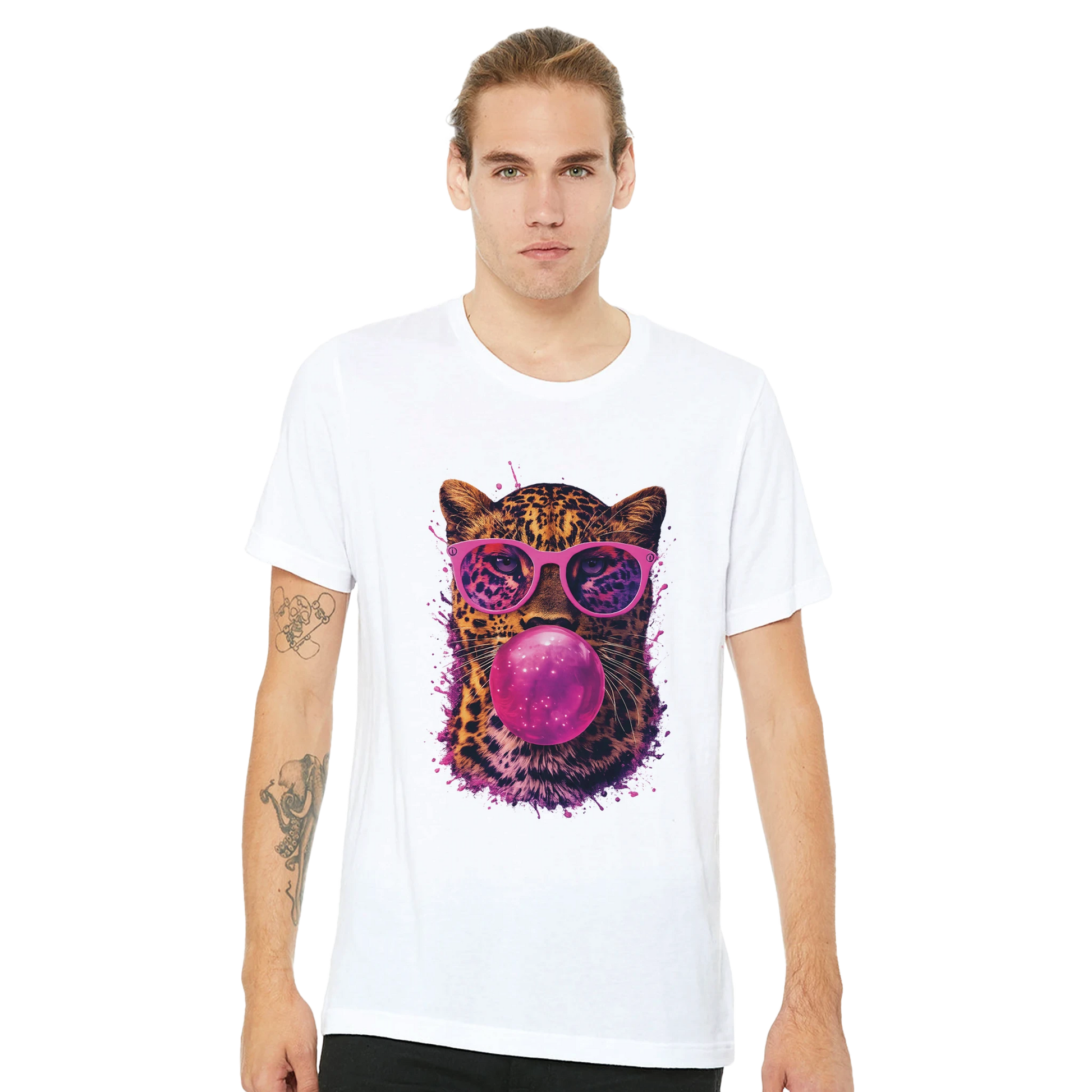 Person wearing a white t-shirt with a colorful graphic of a leopard blowing a bubble gum bubble.