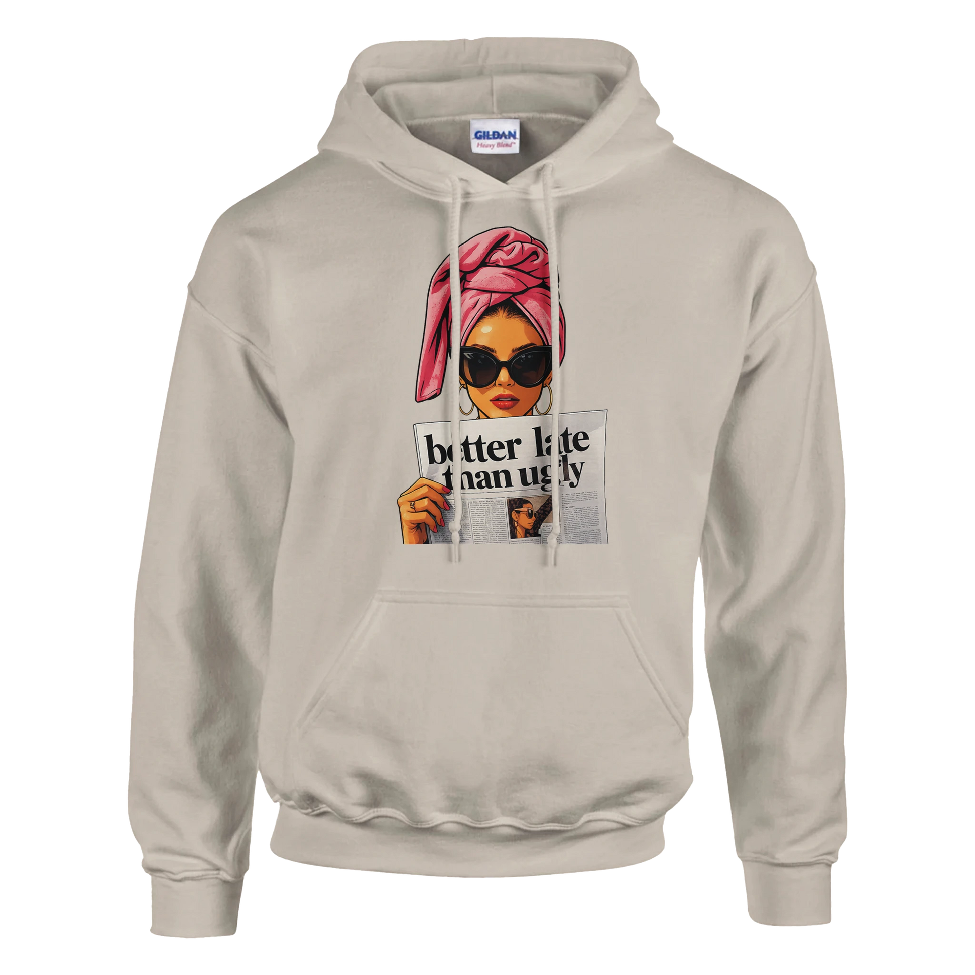 Beige hoodie with a graphic of a woman with a headscarf and sunglasses on a white background